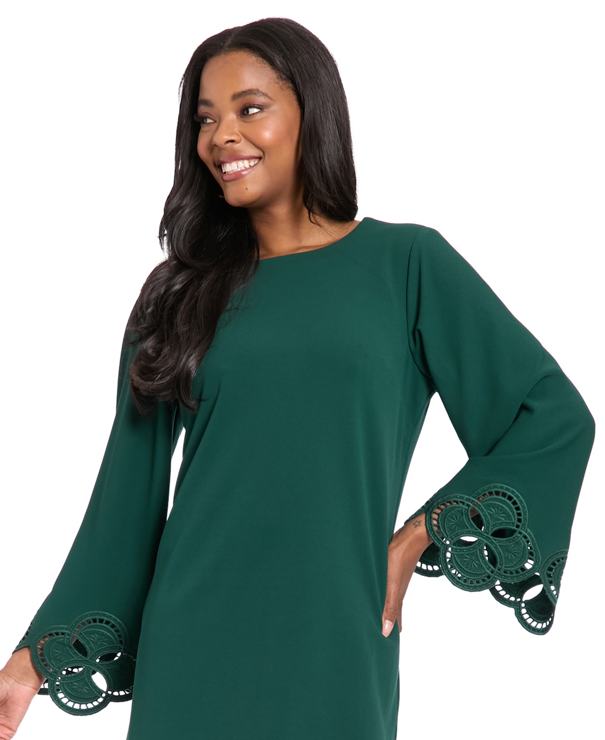 London Times Petite Scuba Laser-cut Long-sleeve A-line Dress In Multi