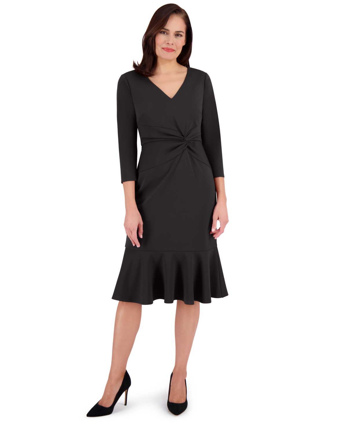 London Times Petite Side-knit 3/4-sleeve Midi Dress In Black