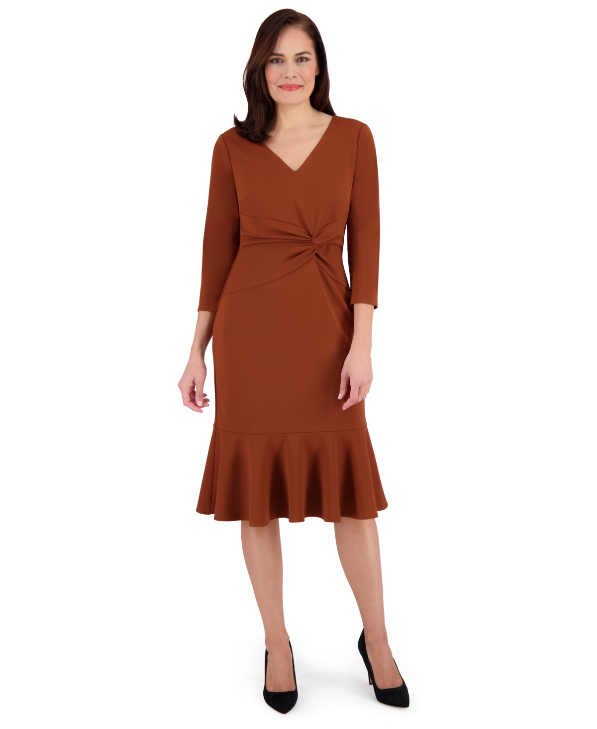 London Times Petite Side-knit 3/4-sleeve Midi Dress In Brown