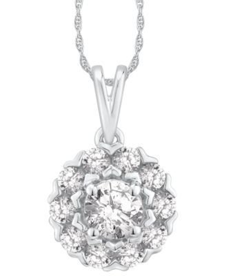 Macy's - Diamond Halo Adjustable 18" Pendant Necklace (1 ct. t.w.) in 14k White Gold