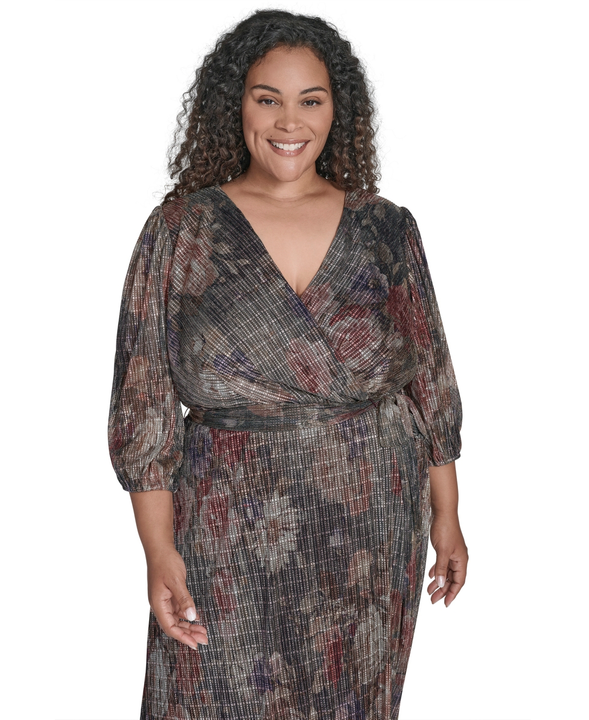Jessica Howard Plus Size Women's Side Tuck 3/4-sleeve Gown In Multi