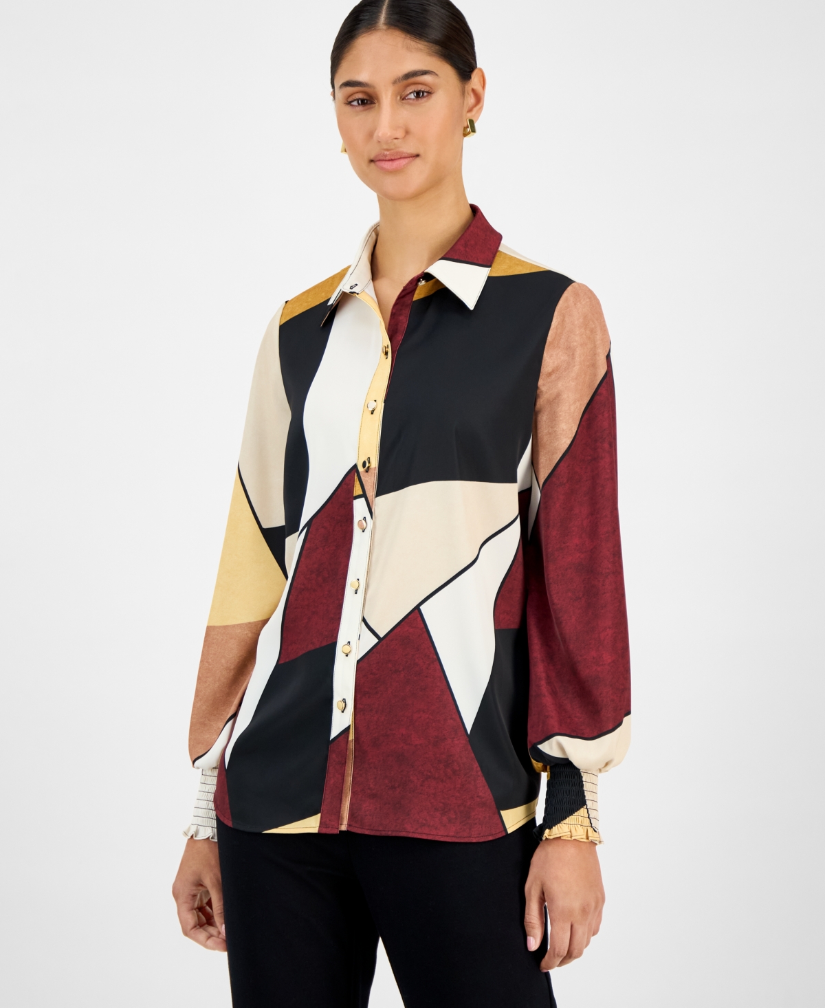 T Tahari Women's Printed Blouson-Sleeve Shirt