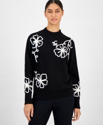 T Tahari - Women's Mock Neck Floral Embroidered Sweater