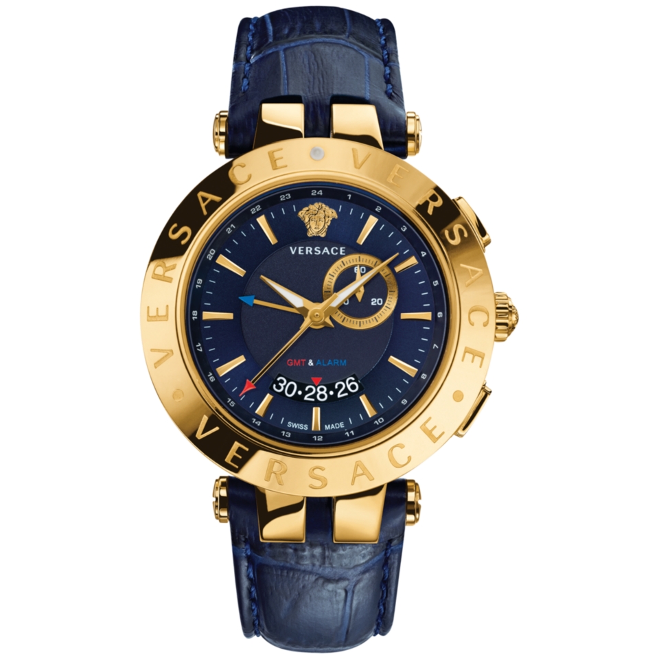 Versace Mens Swiss Chronograph V Race GMT Blue Leather Strap Watch