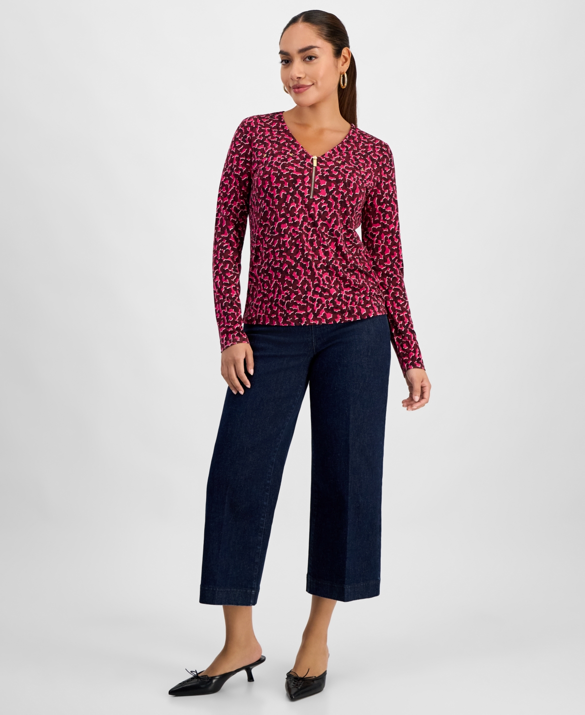 I.n.c. International Concepts Petite Printed Zip-Front Top, Macy's Exclusive