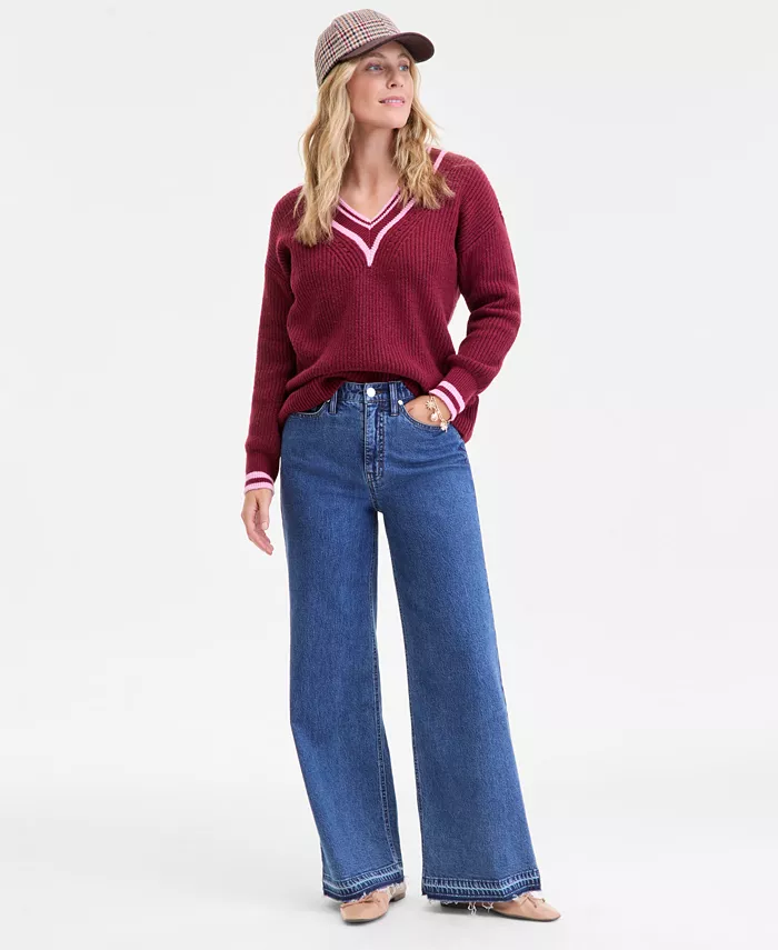 Women's Varsity Tipped V-Neck Sweater - thumbnail 3