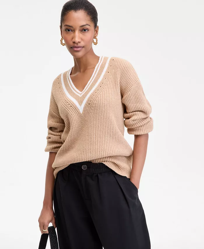 Women's Varsity Tipped V-Neck Sweater - thumbnail 10