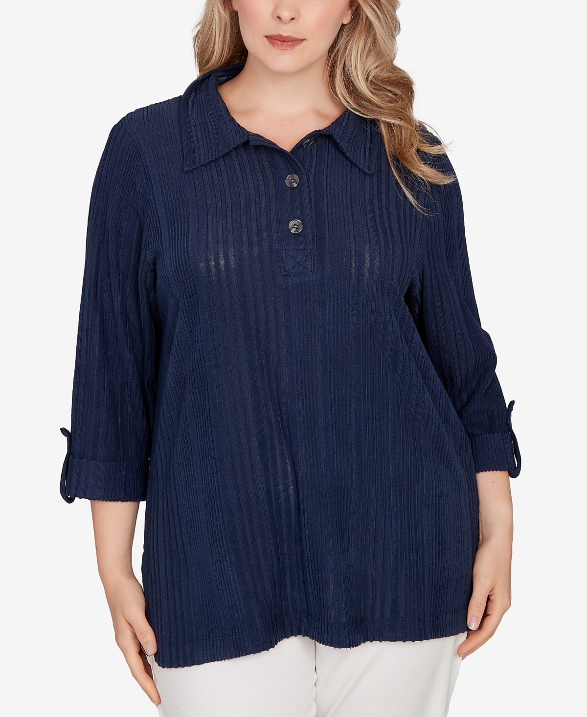 Hearts Of Palm Plus Size Solid Textured Hachi Henley Tunic Top In Blue