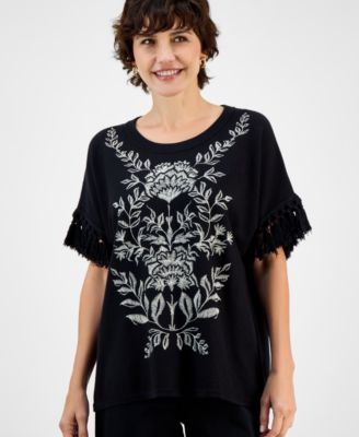 Women's Embroidered Fringe-Trim Poncho Top & High-Rise Fringe-Hem Capri Pants, Macy's Exclusive