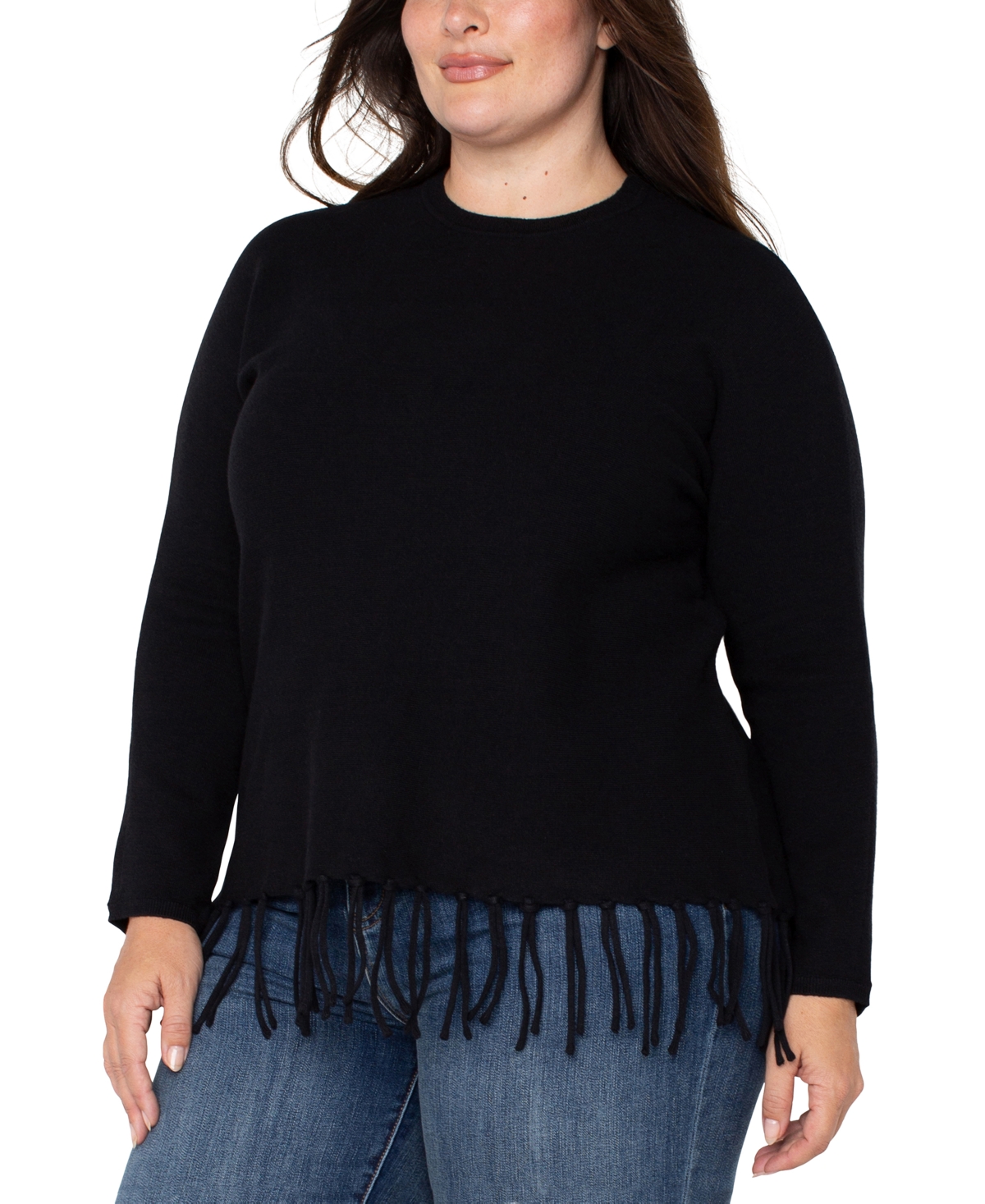 Liverpool Los Angeles Plus Size Fringe Dolman Long Sleeve Sweater In Black