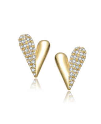 14K Gold Plated with Clear Cubic Zirconia Sleek Heart Stud Earrings