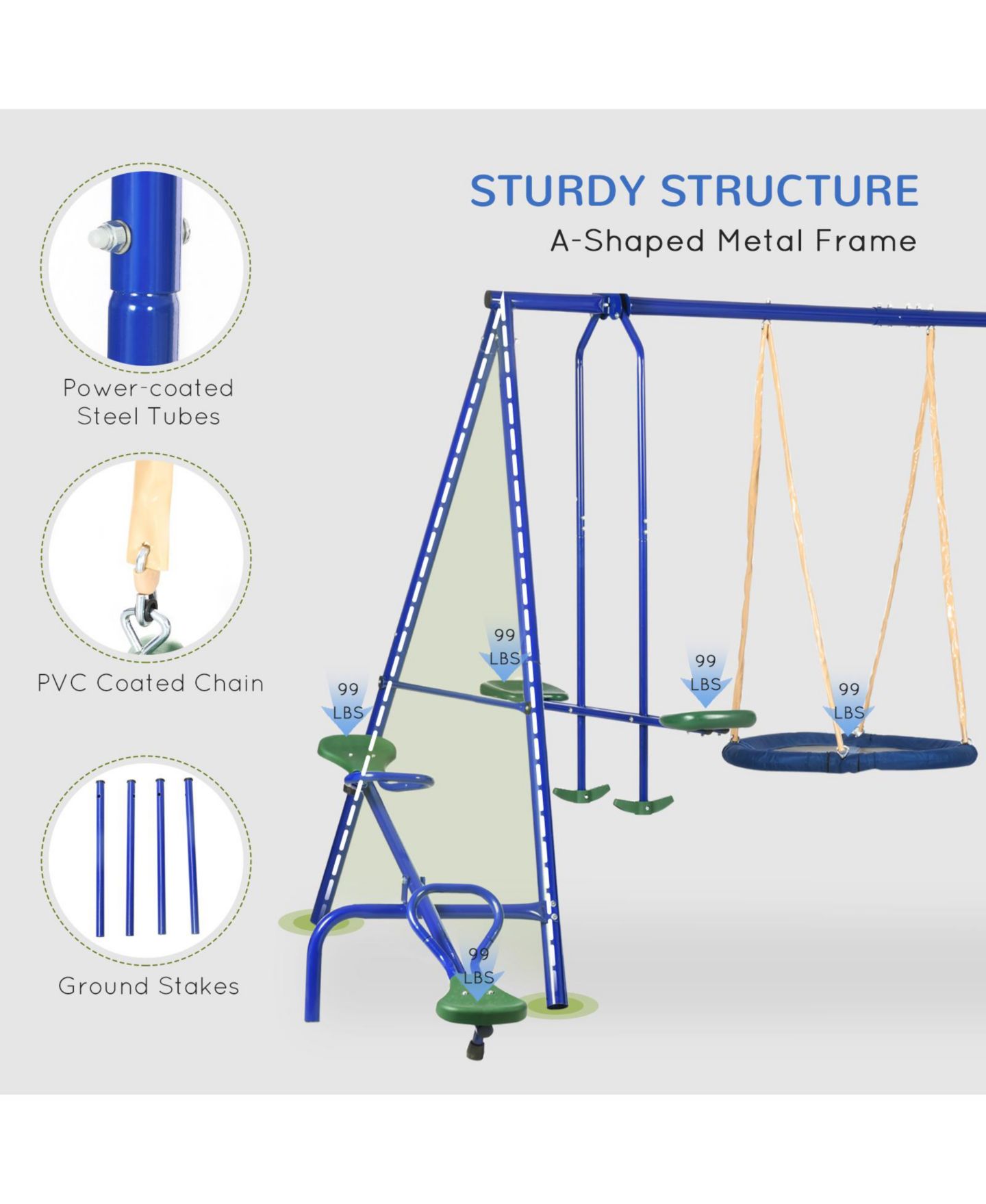 Детские игрушки Outsunny 4-in-1 Metal Swing Set with Glider, Seesaw, Saucer Swing & Slide, Holds 7, Ages 3+, цвет: Синий — фото 4