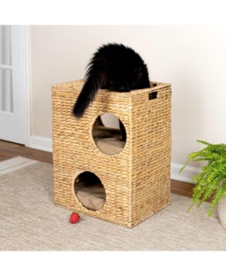 Jaxon 18" Modern Classic 2-Tier Handwoven Hyacinth Rectangular 5-Hole Pet Condo with 2 Machine-Washable Cushions