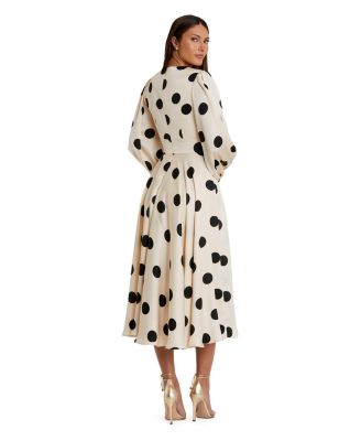 Women's Polka Dot Charmeuse Long Sleeve V Neck Midi Dress