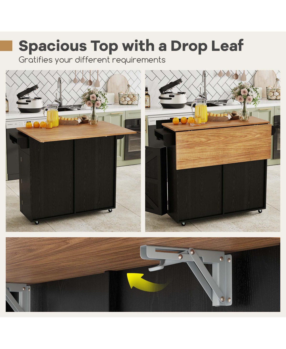 Costway Rolling Kitchen Island Cart with Drop Leaf Trash Can Cabinet