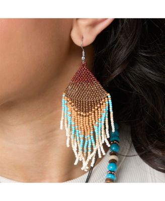 Beaded Fringe Earrings in Turquoise and Brown Ombre