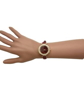 Burgundy Thin Solid Color Strap and Rhinestones Women Watch
