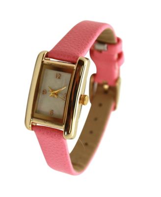 Pink Thin Gold Square Face Solid Faux Leather Women Watch