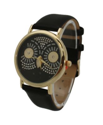 BLACK DAZZLING OWL FACE LEATHER STRAP WATCH