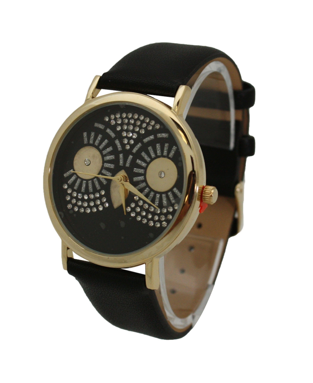 Black Dazzling Owl Face Leather Strap Watch