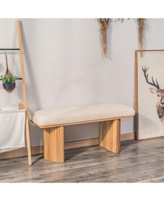 - Solid Wood and White Boucl&eacute; Bench Exotic Boho Entry