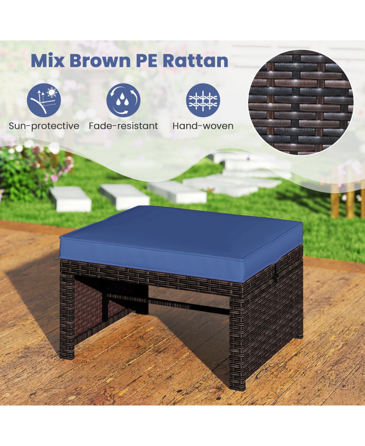 Gymax Set of 2 Patio Pe Rattan Ottomans w/ Soft Zippered Cushions for Deck Outdoor