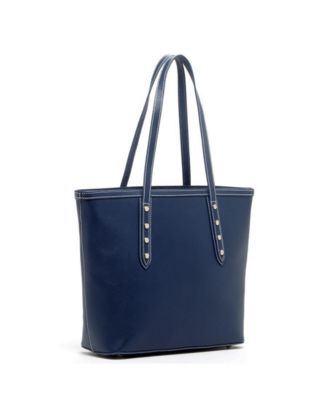 Blue Leather Shoulder Bag Elegant Big Tote Handbag for Women with Double Straps and Zip Closure