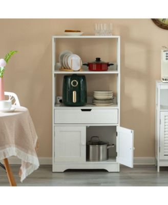 Tall Freestanding Wooden Storage Vanity, Kitchen Pantry, and Bathroom Cabinet Organizer, with 2 Open shelves, A drawer and 2 Door Cabinet