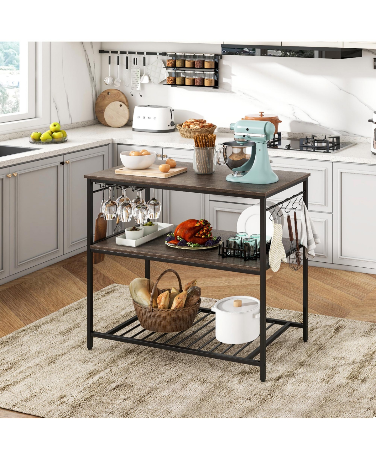Gymax 3-Tier Kitchen Island Kitchen Shelf Wine Coffee Bar Prep Table w/Bottom Wine