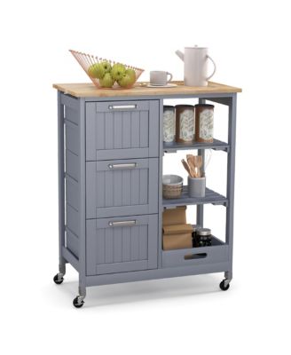 26.5" MDF, Metal 3 Drawers, Shelves, Removable Tray, Lockable Wheels Rolling Kitchen Island Cart