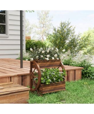 Wooden Wagon Planter Box, Decorative 2-Tier Raised Garden Bed