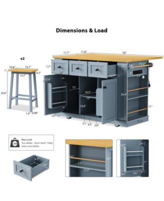 CASAINC 50" 3 Pc. Set Rubber Wood, Bamboo Drop Leaf, Power Outlet, Drawers, Racks, Bar Stools Kitchen Island