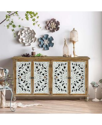 Accent Storage Cabinet with 4 Wood Carved Floral Doors