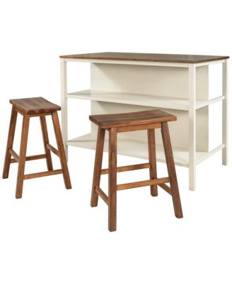 3-Piece Stationary Kitchen Island Set with Butcher Block and Seating