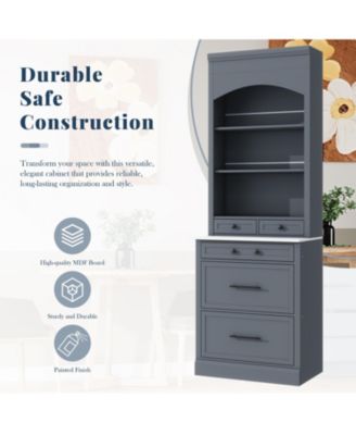 CASAINC 83.7-Inch Tall Freestanding Kitchen Pantry with Faux Marble Top and 5 Storage Drawers Curio Display Cabinet