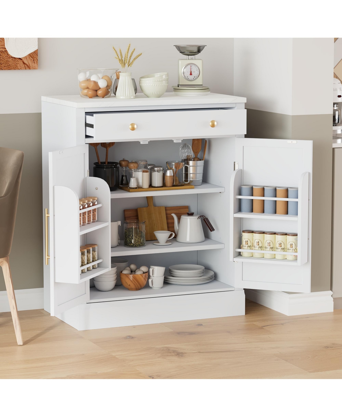 Casainc Modern Freestanding Kitchen Pantry Cabinet with Drawer and Adjustable Storage Shelves