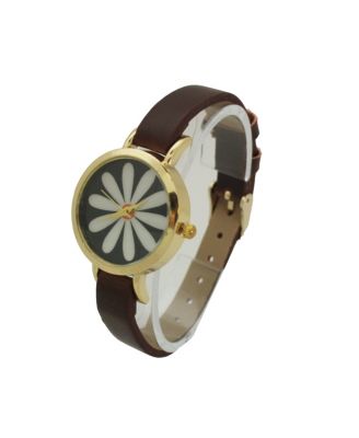 Dark Brown Large Flower Face Skinny Leather Strap Watch