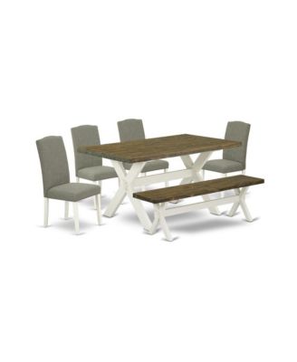 6-Piece Dining Set – Distressed Jacobean Table, Small Bench & 4 Linen Fabric Parsons Chairs for Dining Room