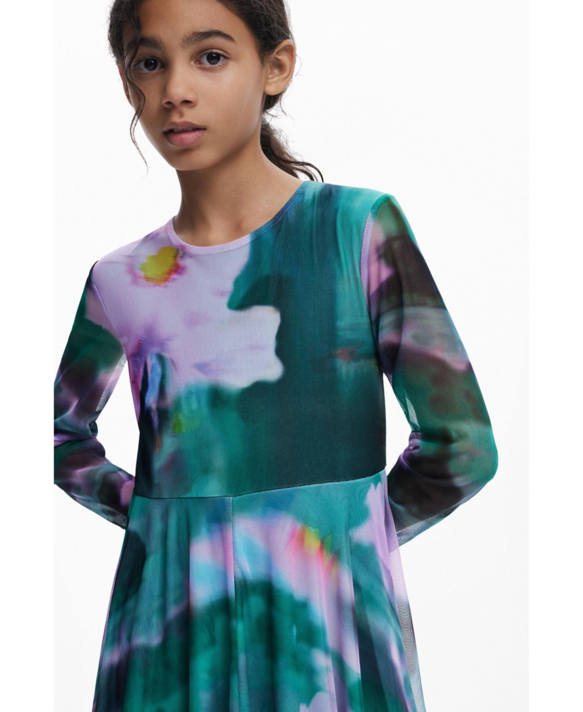 Desigual Girls Girls's Watercolor Tulle Long-sleeve Dress In Green