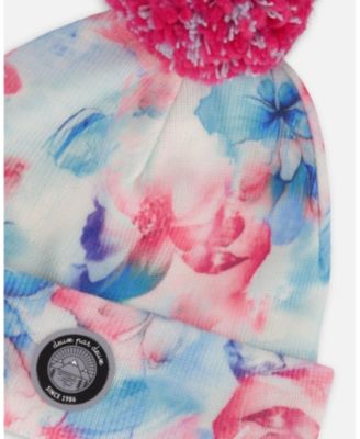 Girl Lined Knit Pompom Hat Blue Flower Print - Toddler|Child
