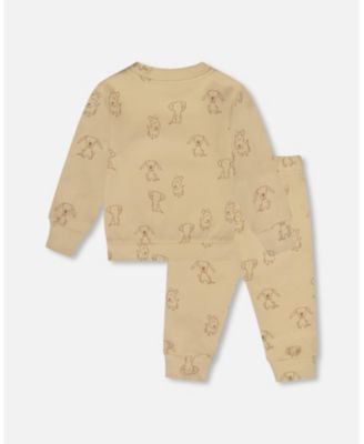 Baby Boy Cotton Pant and Top Set Beige Printed Dogs - Baby