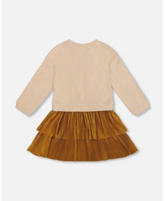 Big Girls Bi-Material Dress Caramel Brown with Layered Skirt