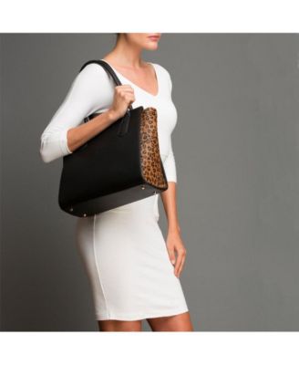 Black Leather Tote Bag with Leopard Print Sides Large Women's Shoulder Bag for Work, Travel, and Everyday Use