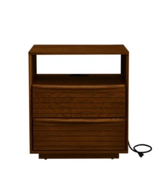 Nightstand with Charging Station & Outlet Hole & 2 Solid Wood Drawers