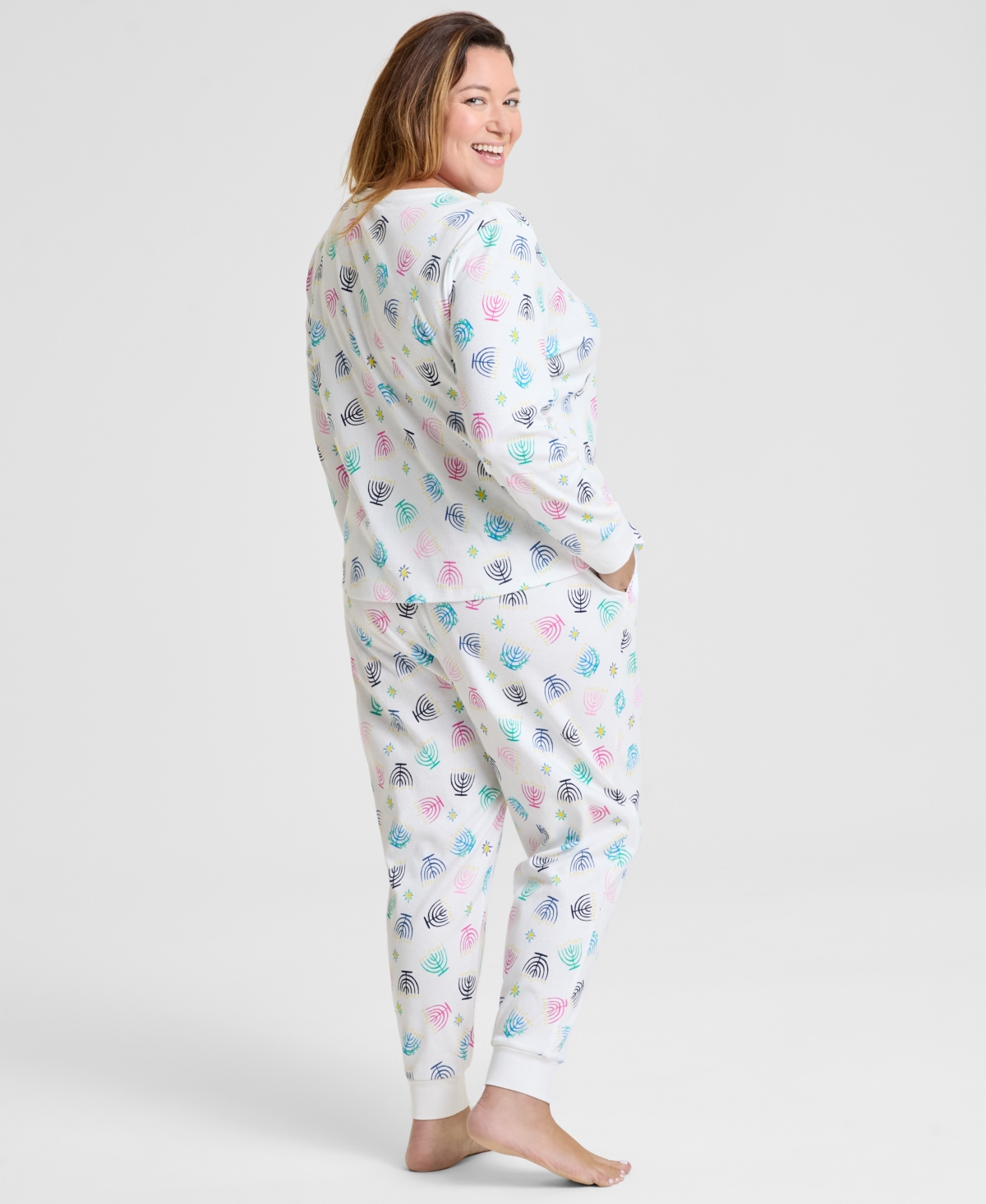 Holiday Lane Plus Size Multi Menorah Cotton Pajama Set, Macy's Exclusive In White