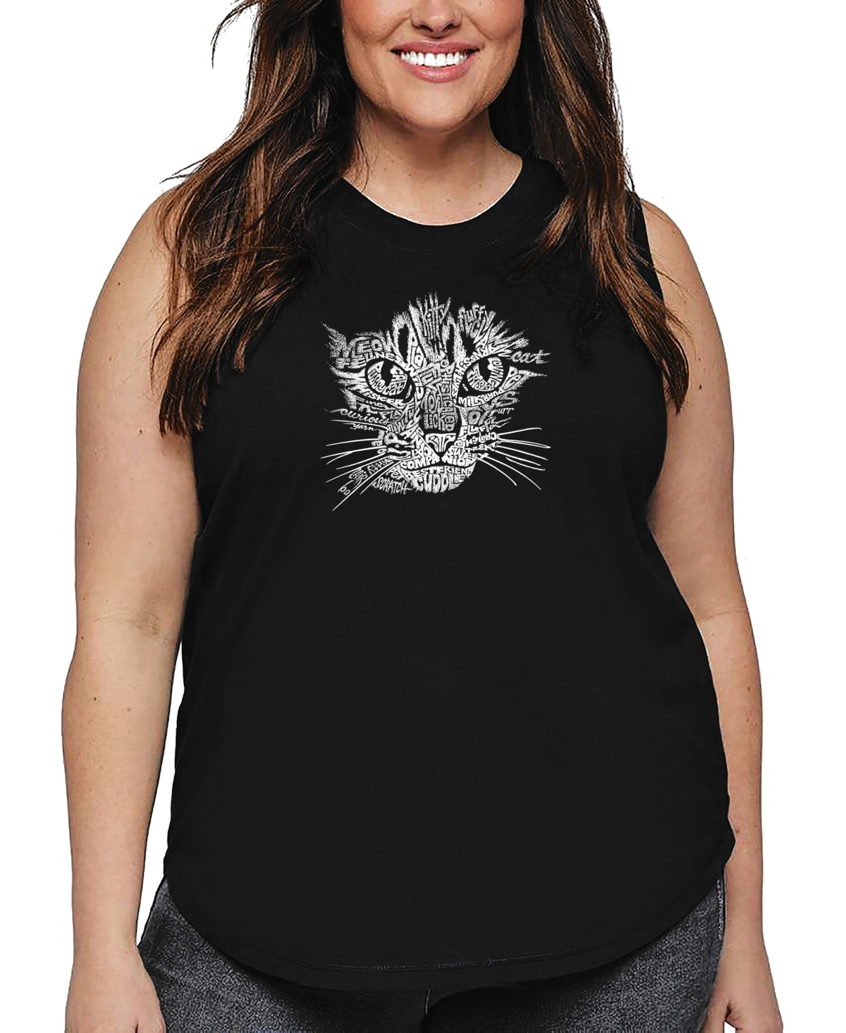 La Pop Art Plus Size Cat Face Word Art Tank Top In Black
