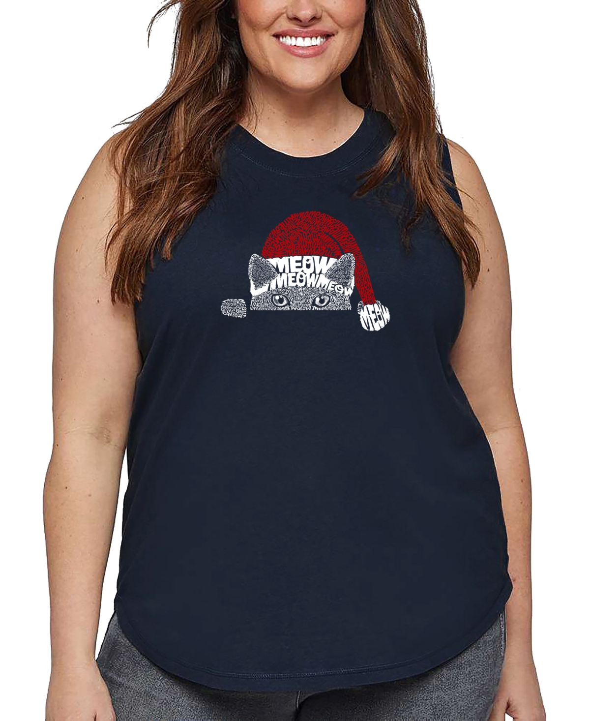 La Pop Art Plus Size Christmas Peeking Cat Word Art Tank Top In Blue