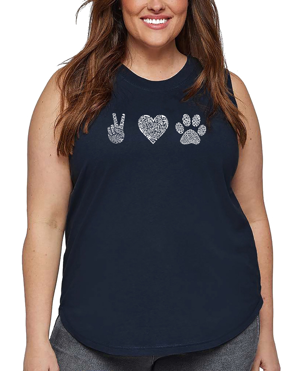 La Pop Art Plus Size Peace Love Dogs Word Art Tank Top In Blue