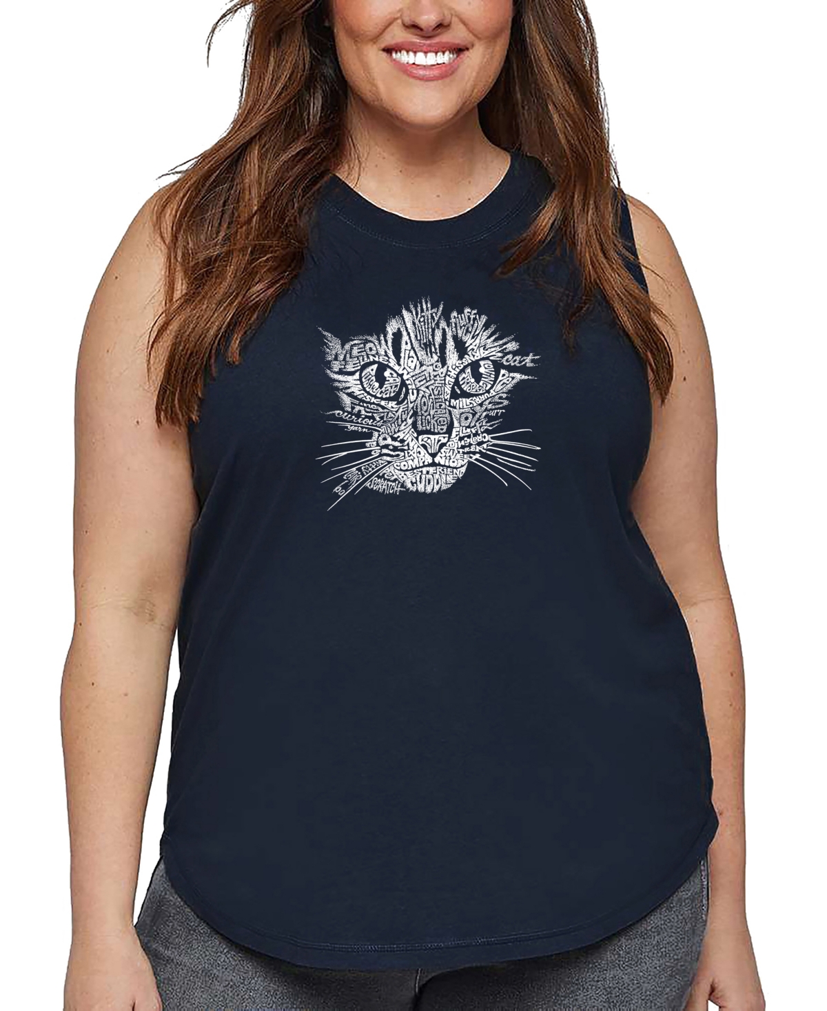La Pop Art Plus Size Cat Face Word Art Tank Top In Blue
