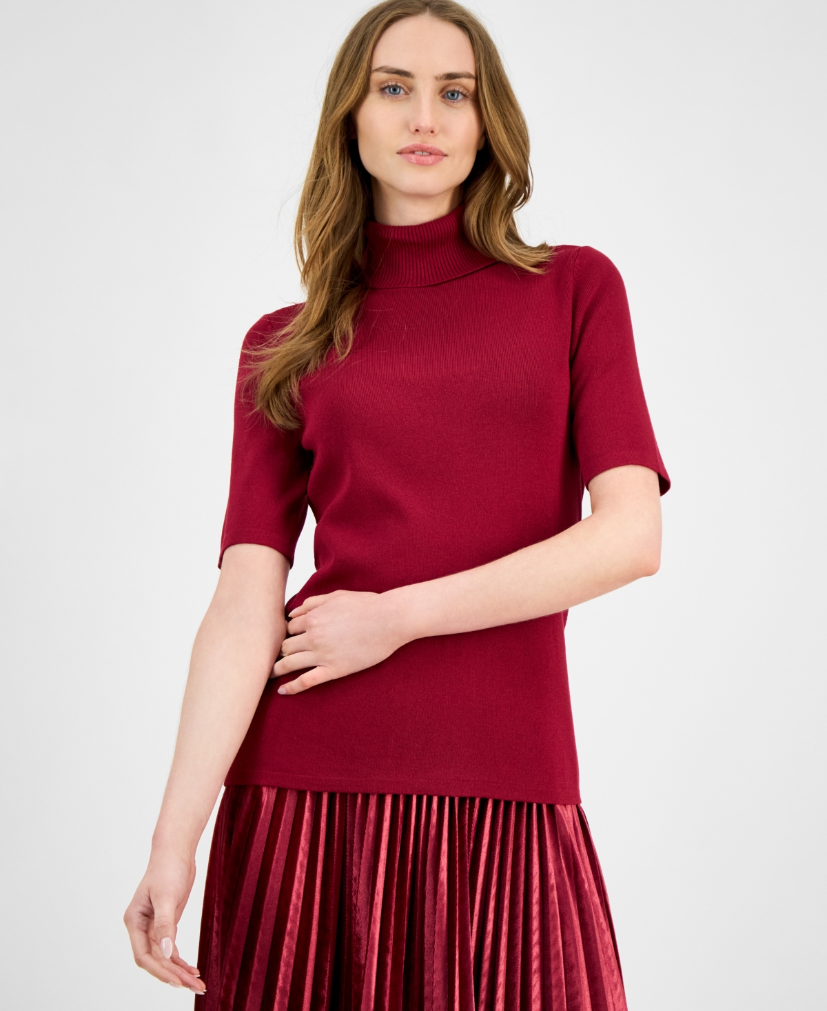 Anne Klein Women's Half-sleeve Turtleneck Sweater In Red